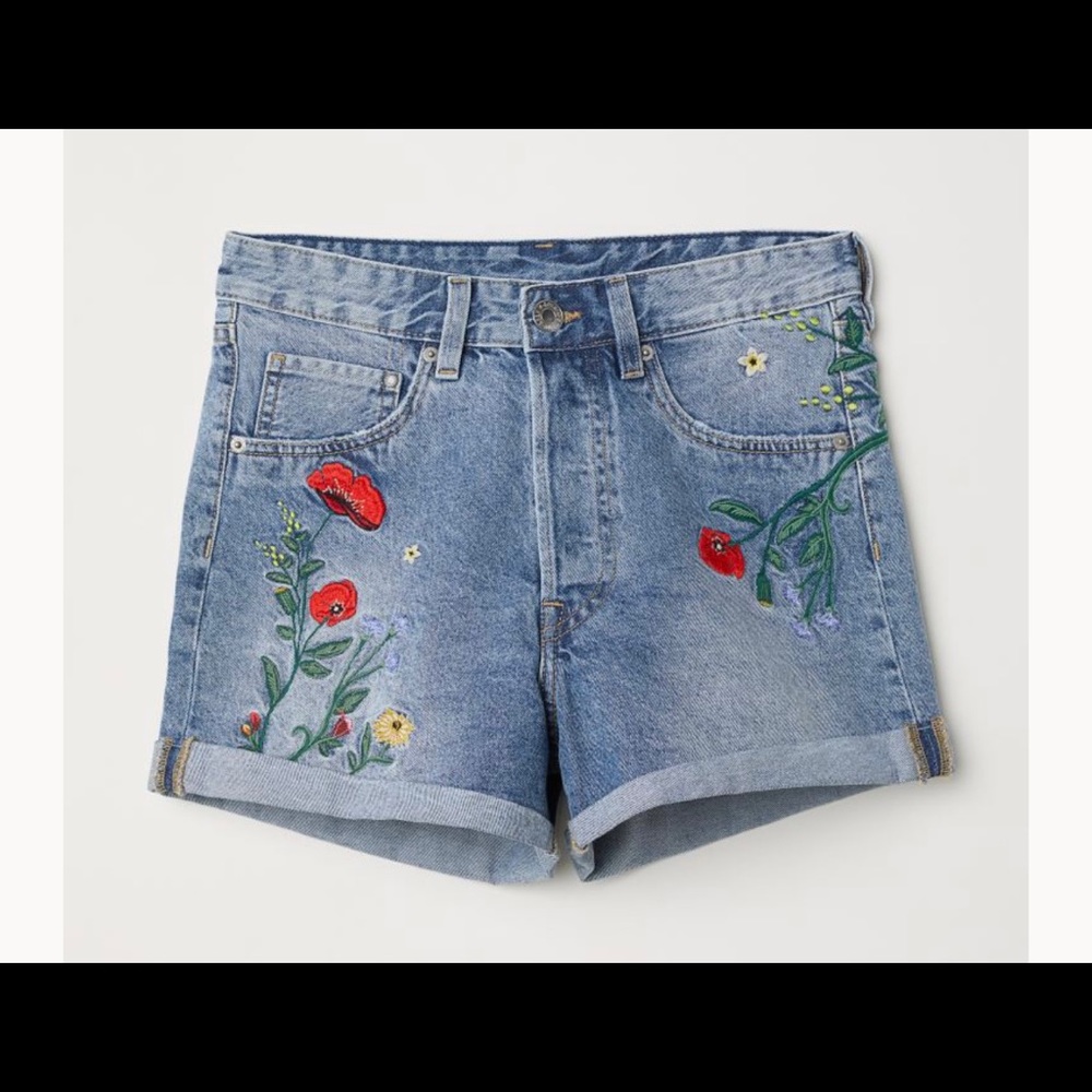 H&M Denim High Waist Shorts w/ Flowers